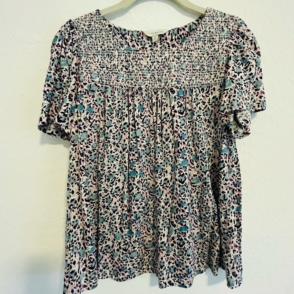 Lucky Brand Women’s Boxy Ruched Short Sleeve Shirt Blouse Floral Print Small
